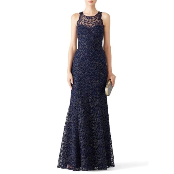 Marchesa Notte Navy Metallic Lace Formal Gown $1195 - Picture 1 of 9